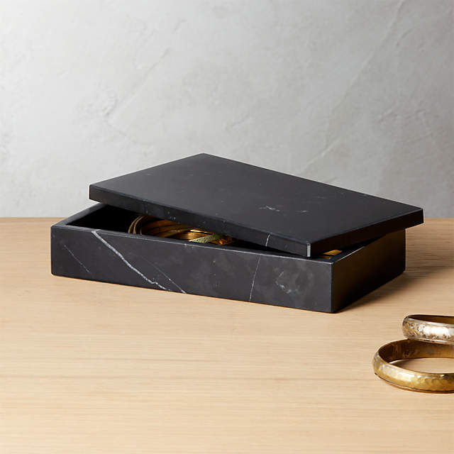 KhanImports Decorative Black Marble Box, Stone Box with Lid - Rectangular,  5 Inch