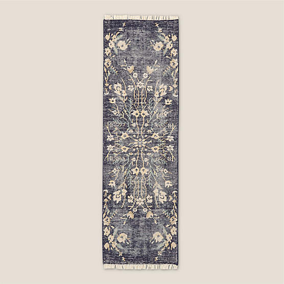 Lavish Hand-Knotted Black Floral Wool Runner Rug 2.5"x8"