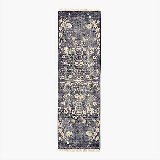 Lavish Hand-Knotted Black Floral Wool Runner Rug 2.5"x8"