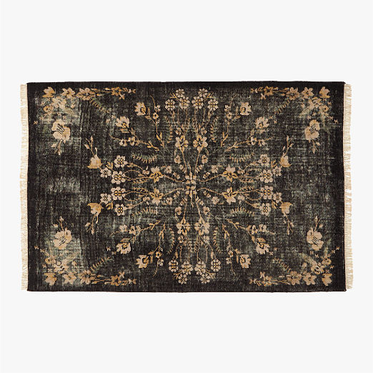 Lavish Hand-Knotted Black Floral Wool Area Rug 6'x9'