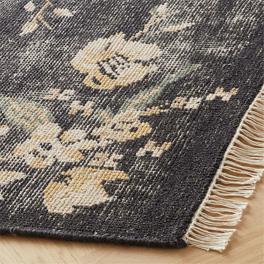 Lavish Hand-Knotted Black Floral Wool Area Rug