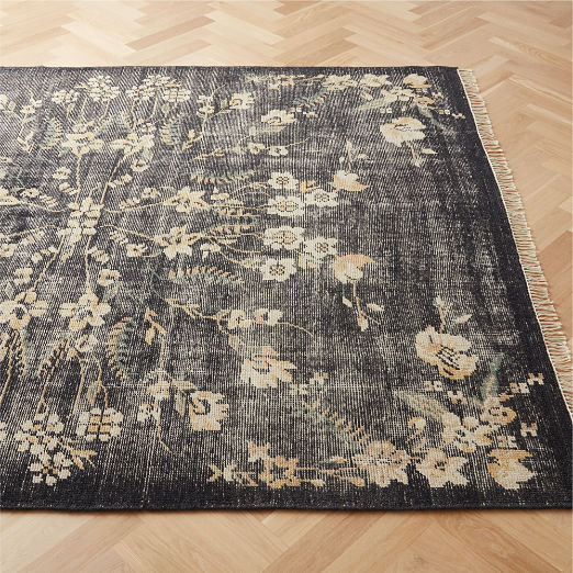 Lavish Hand-Knotted Black Floral Wool Area Rug