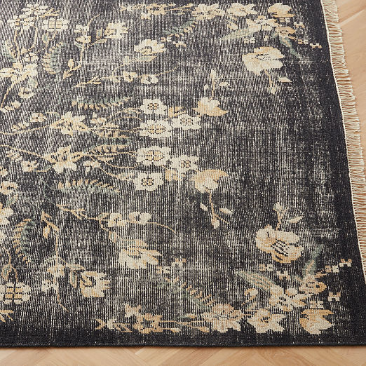 Lavish Hand-Knotted Black Floral Wool Area Rug 10'x14'