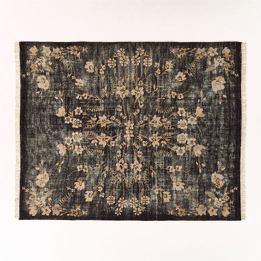 Lavish Hand-Knotted Black Floral Wool Area Rug 8'x10'