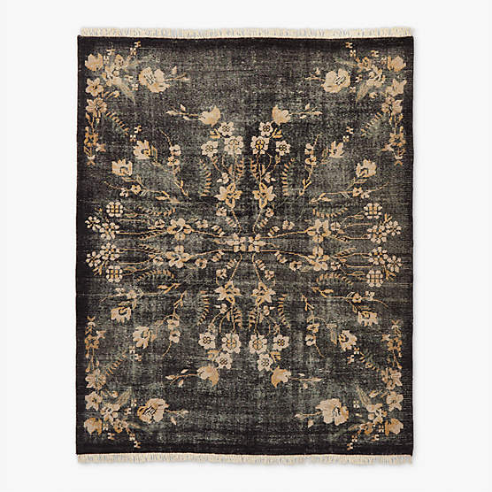 Lavish Hand-Knotted Black Floral Wool Area Rug 9'x12'