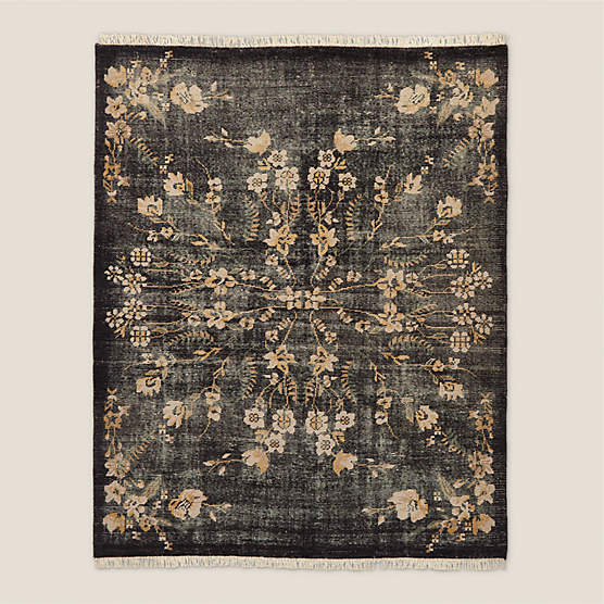 Lavish Hand-Knotted Black Floral Wool Area Rug 9'x12'
