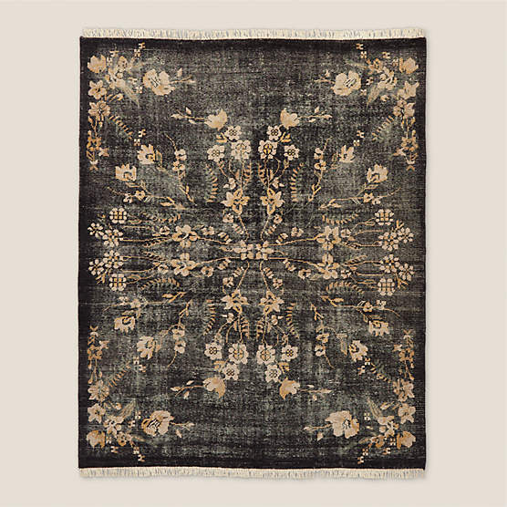 Lavish Hand-Knotted Black Floral Wool Area Rug 5'x8'