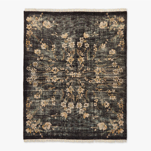 Lavish Hand-Knotted Black Floral Wool Area Rug 5'x8'