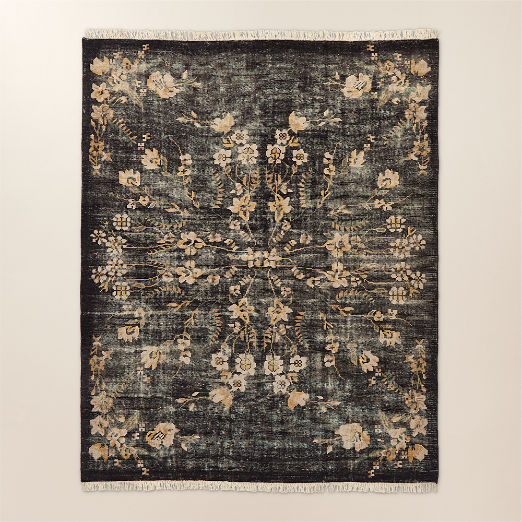 Lavish Hand-Knotted Black Floral Wool Area Rug