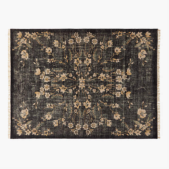 Lavish Hand-Knotted Black Floral Wool Area Rug 9'x12'