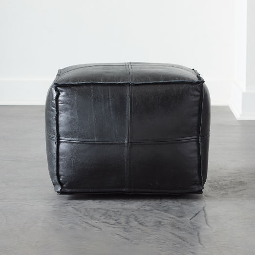 Leather Square Black Pouf