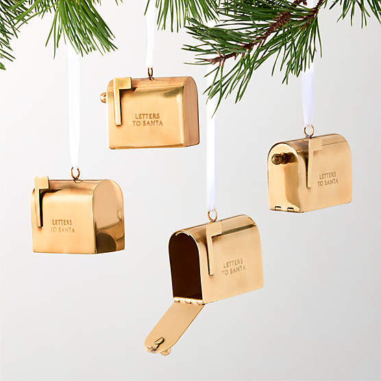 Letters To Santa Mailbox Aged Brass Christmas Tree Ornament Set of 4