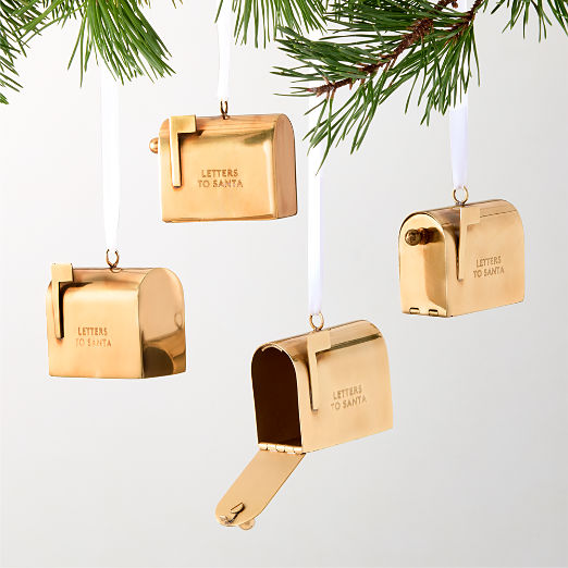 Letters To Santa Mailbox Aged Brass Christmas Tree Ornament Set of 4