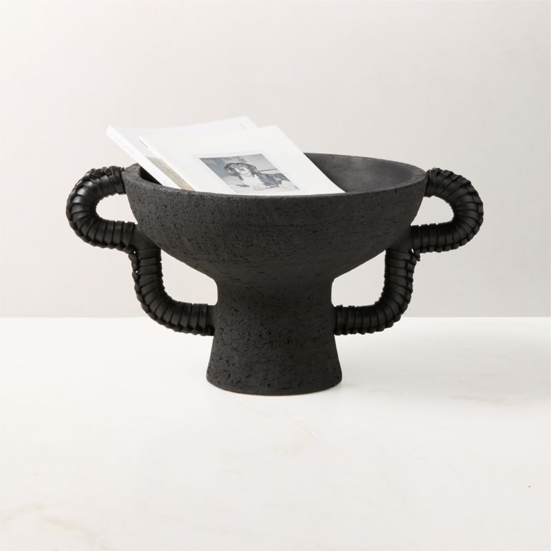 View Lilith Black Ceramic Pedestal Bowl with Leather Handles details