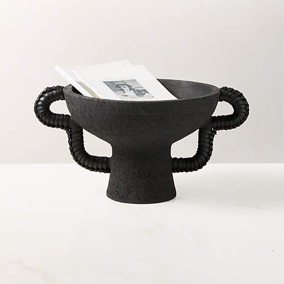 Lilith Black Ceramic Pedestal Bowl with Leather Handles