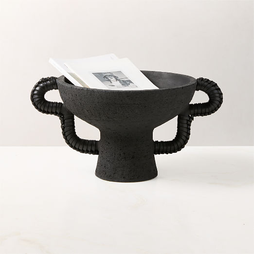 Lilith Black Ceramic Pedestal Bowl with Leather Handles
