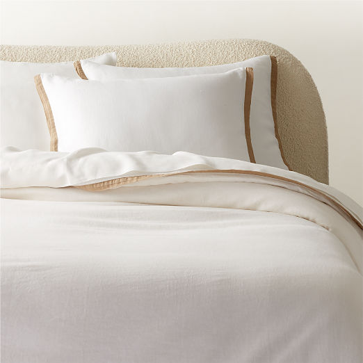 European Flax Linen White with Tan Border Full/Queen Duvet Cover