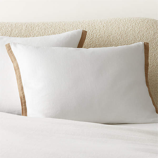 European Flax Linen White with Tan Border Standard Pillow Shams Set of 2