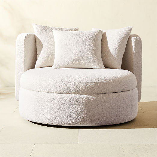 Lucie White Boucle Upholstered Outdoor Swivel Lounge Chair with Storage