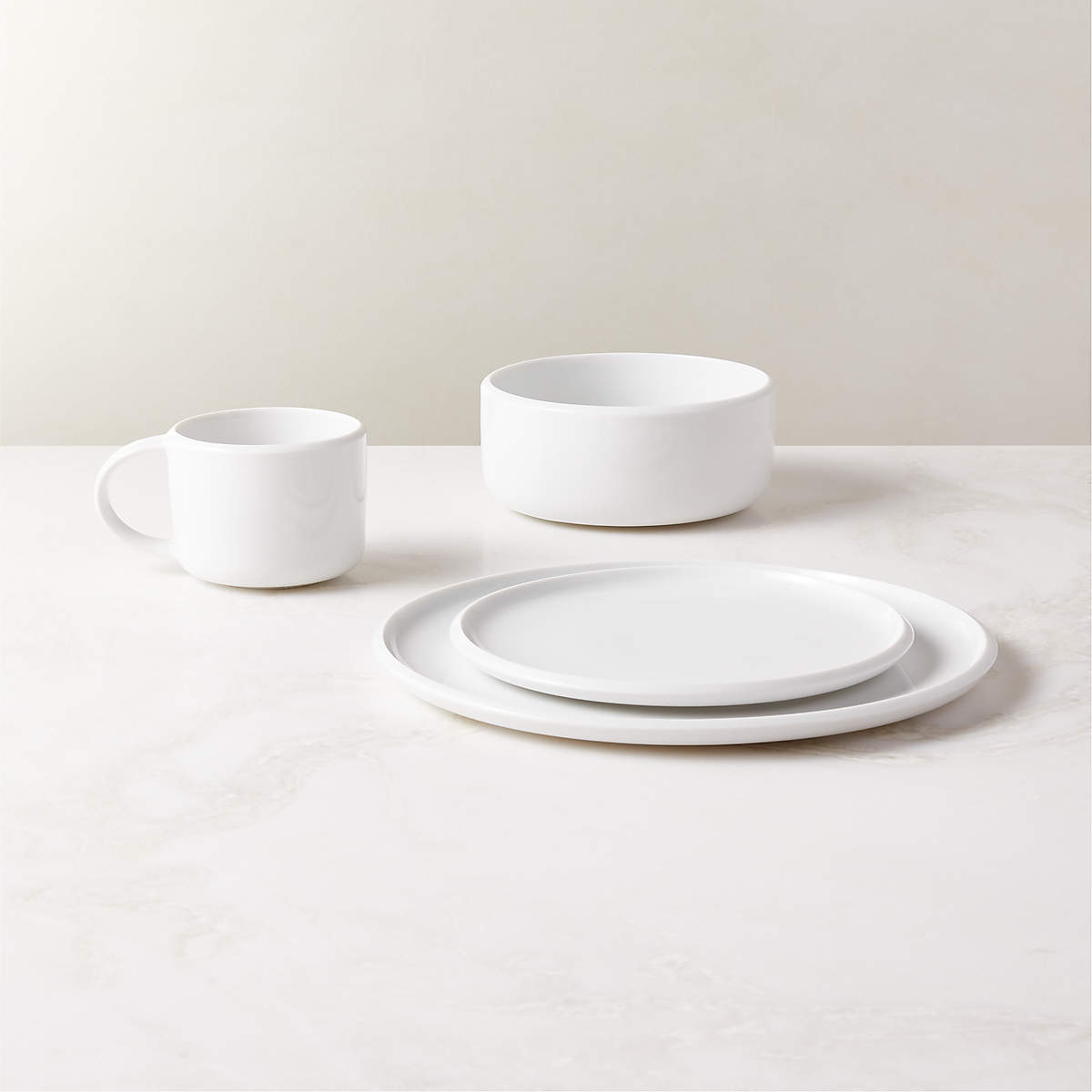 Mack Modern 4Piece White Dinnerware Set with Soup Bowl + Reviews CB2
