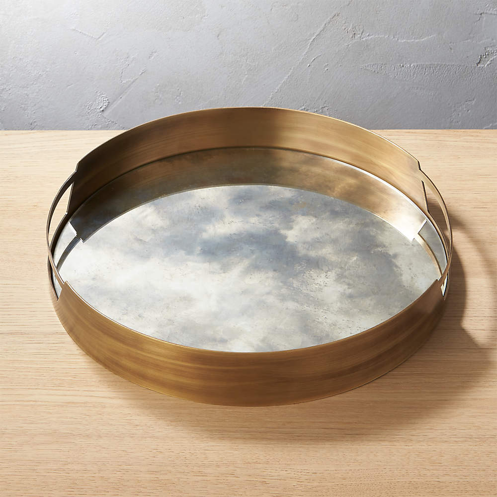 Marcella Brass Antique Mirror Tray, Antique Gold Mirrored Tray