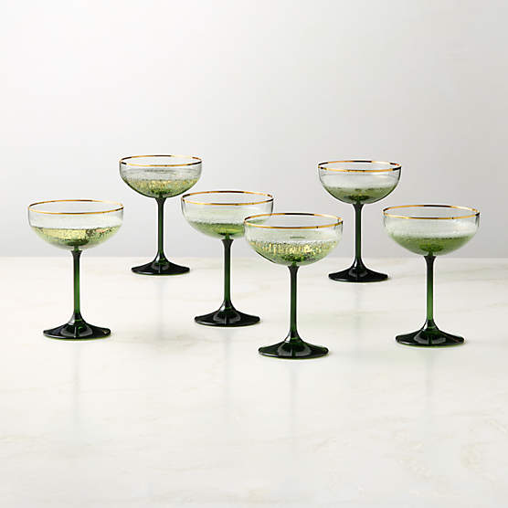 Marie Green with Gold Rim Coupe Glasses Set of 6