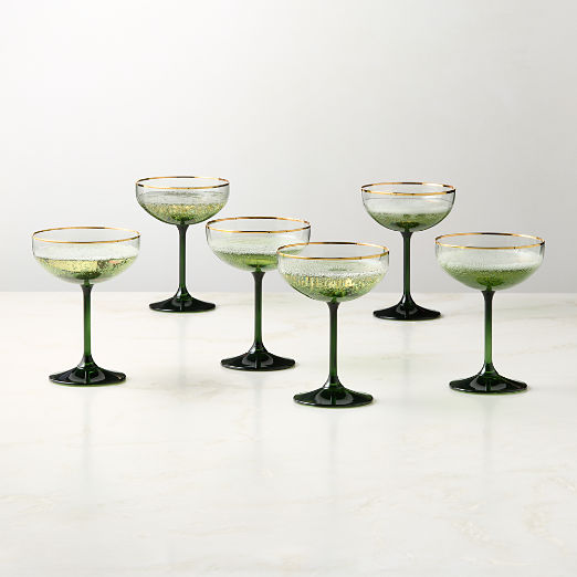 Marie Green with Gold Rim Coupe Glasses Set of 6