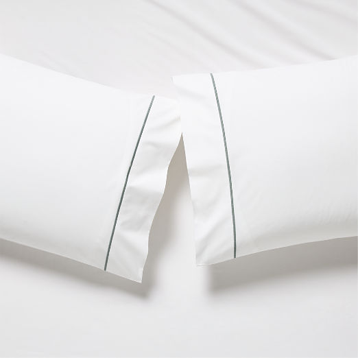 Marisal Organic Cotton Percale 400 Thread Count White and Faded Teal King Pillowcases Set of 2