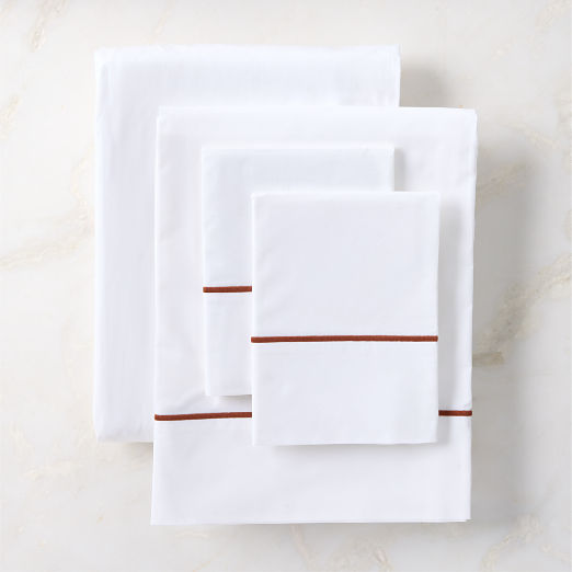 Marisal Organic Cotton Percale 400 Thread Count White and Sienna Brown King Sheet Set