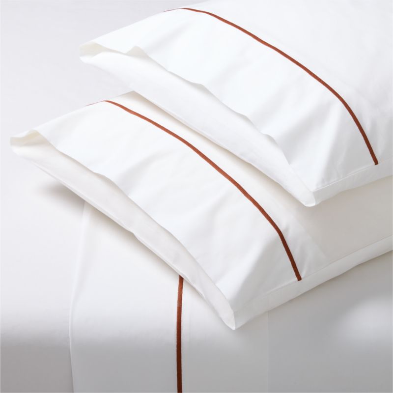 View Marisal Organic Cotton Percale 400 Thread Count White and Sienna Brown Queen Sheet Set details