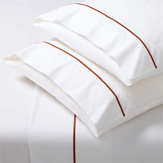 Marisal Organic Cotton Percale 400 Thread Count White and Sienna Brown Queen Sheet Set