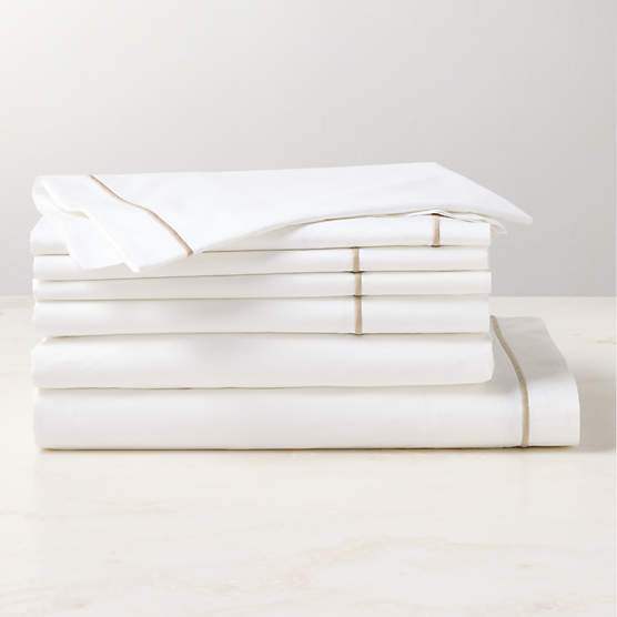 Marisal Organic Cotton Percale 400 Thread Count White with Taupe Queen Bedding Set