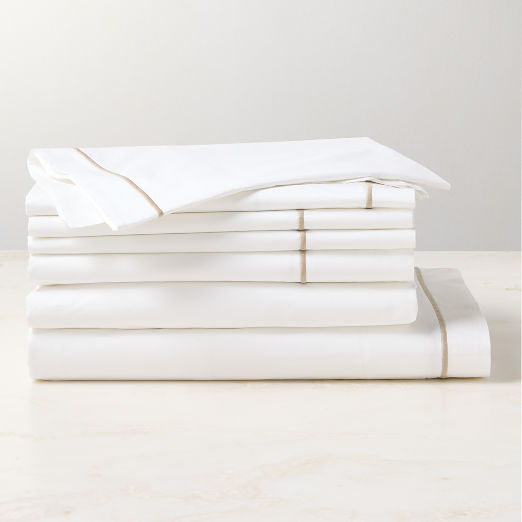 Marisal Organic Cotton Percale 400 Thread Count White with Taupe Queen Bedding Set