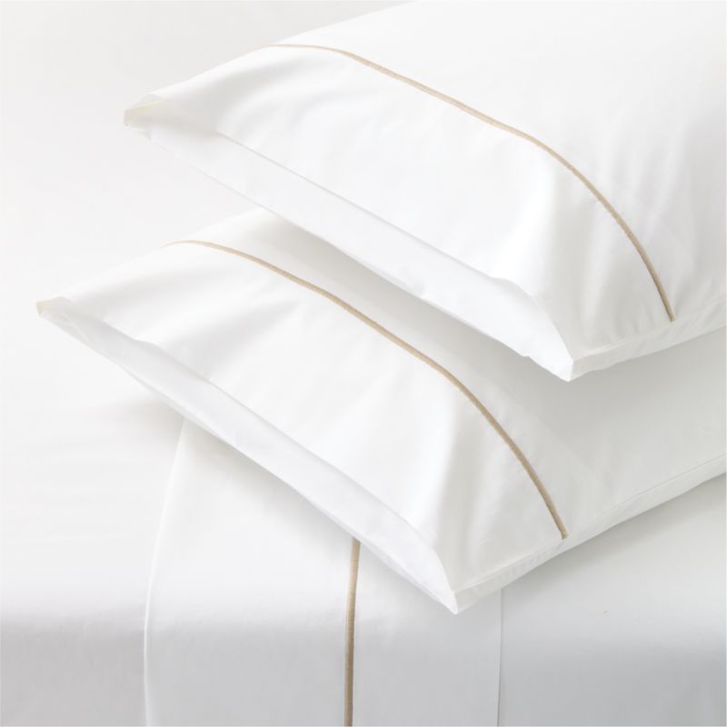 Viewing product image Marisal Organic Cotton Percale 400 Thread Count White with Taupe Queen Sheet Set - image 1 of 5