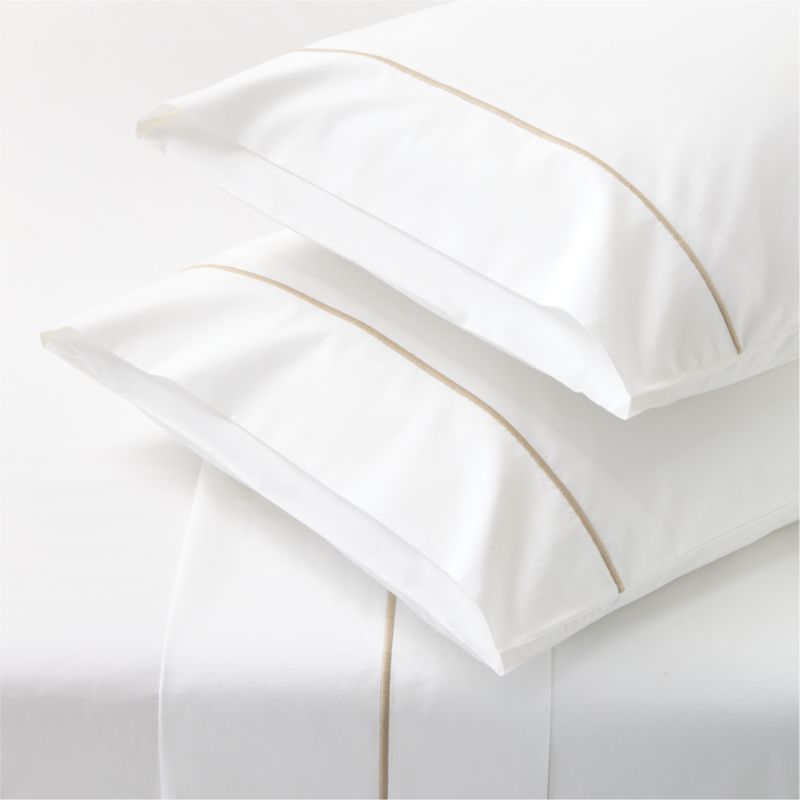 View Marisal Organic Cotton Percale 400 Thread Count White with Taupe Queen Sheet Set details
