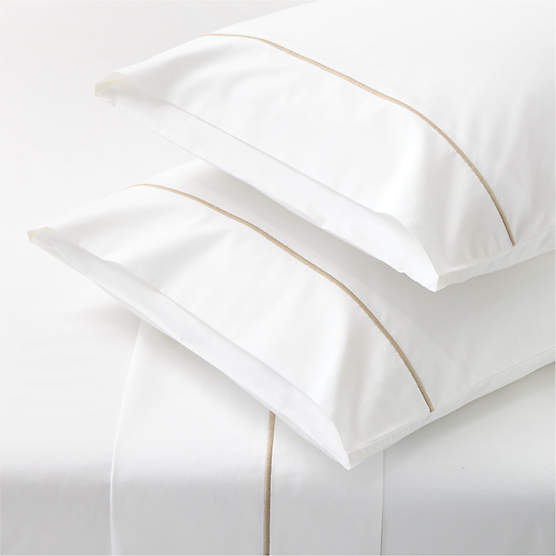 Marisal Organic Cotton Percale 400 Thread Count White with Taupe King Sheet Set