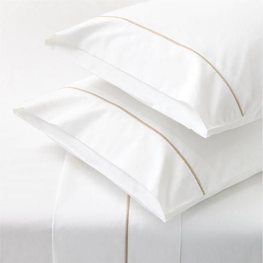 Marisal Organic Cotton Percale 400 Thread Count White with Taupe Sheet Set