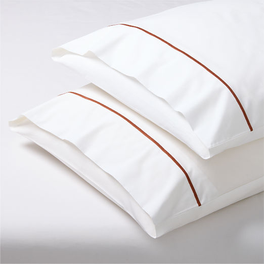 Marisal Organic Cotton Percale 400 Thread Count White and Sienna Brown King Pillowcases Set of 2