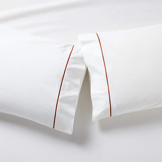 Marisal Organic Cotton Percale 400 Thread Count White and Sienna Brown Standard Pillowcases Set of 2