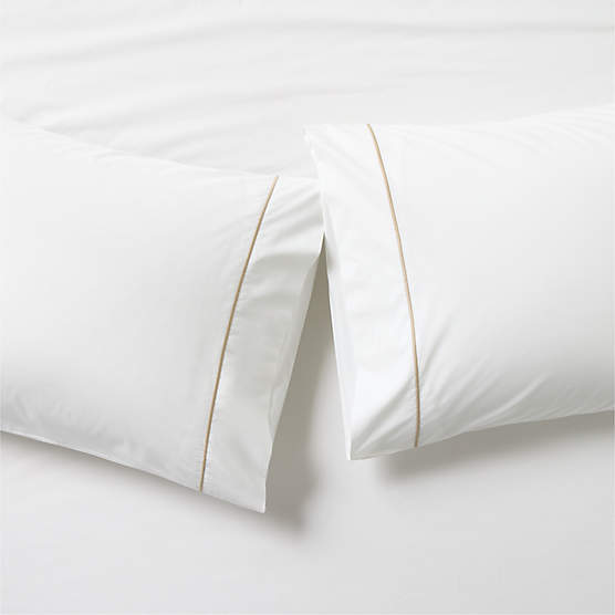 Marisal Organic Cotton Percale 400 Thread Count White with Taupe King Pillowcases Set of 2