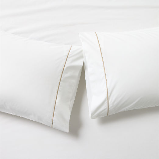 Marisal Organic Cotton Percale 400 Thread Count White with Taupe Standard Pillowcases Set of 2