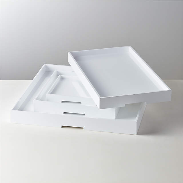 Allan Andrews White Lacquer Square Wood Tray Set with Handles - On