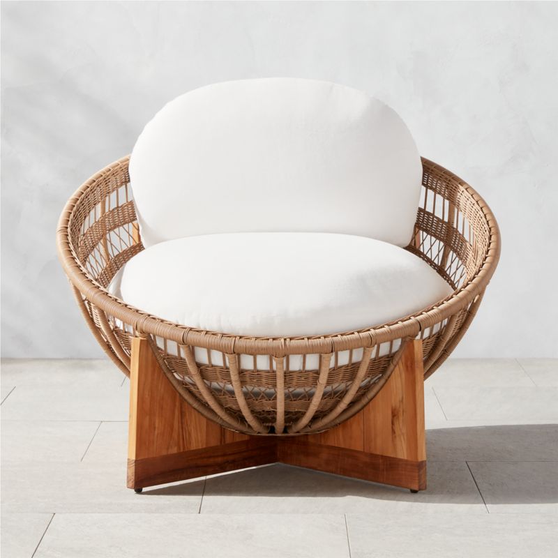 Masha Modern Rattan and Teak Outdoor Lounge Chair with White Sunbrella Cushions CB2