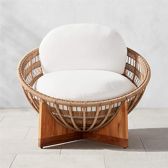 Masha Rattan and Teak Outdoor Lounge Chair with White Sunbrella® Cushions