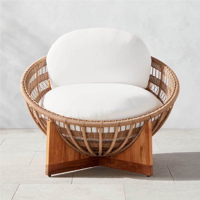 Masha Rattan and Teak Outdoor Lounge Chair with White Sunbrella® Cushions