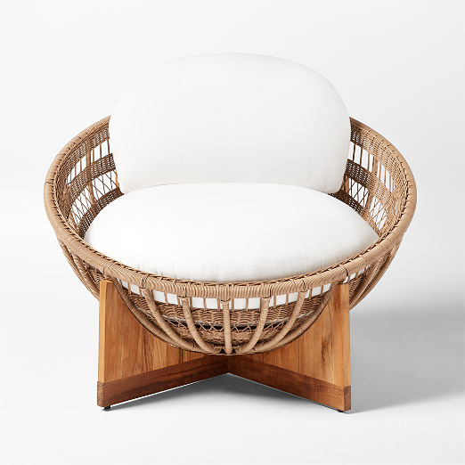 Masha Rattan and Teak Outdoor Lounge Chair with White Sunbrella® Cushions