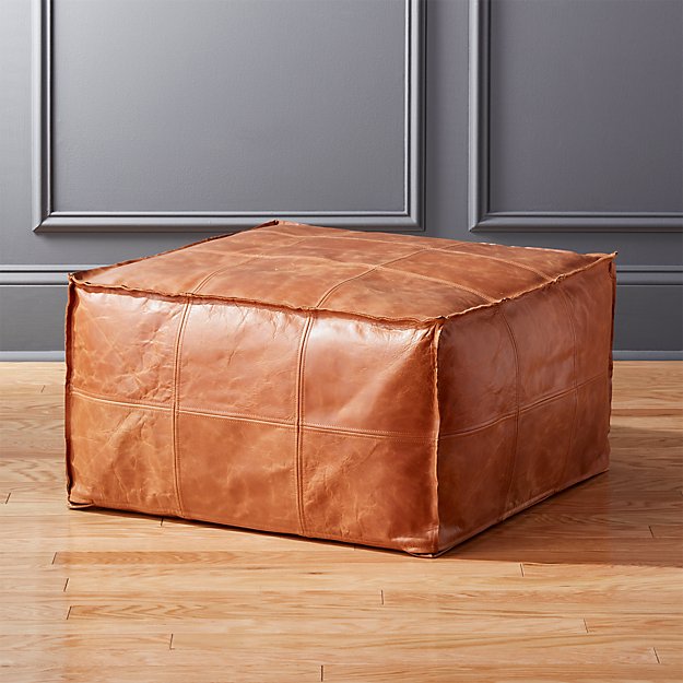 Medium Hand Stitched Square Brown Leather Ottoman Pouf Reviews CB2