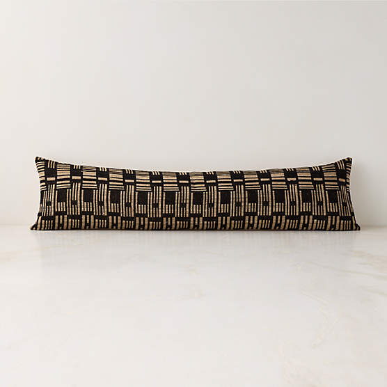 Melrose Black with Sand Woven Jacquard Wool and Silk Lumbar Pillow with Down-Alternative Insert 48"x12"