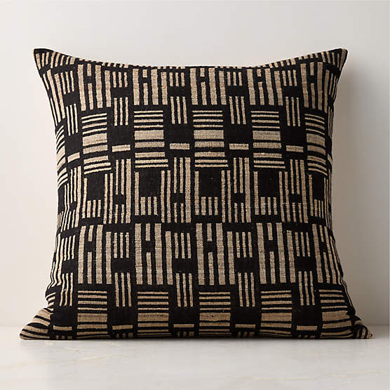 Melrose Black with Sand Woven Jacquard Wool and Silk Throw Pillow with Down-Alternative Insert 23"x23"