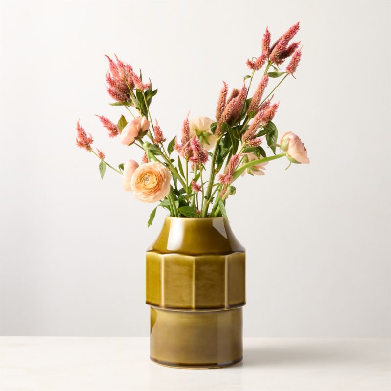 View Miramar Paneled Olive Ceramic Vase with Reactive Glaze details